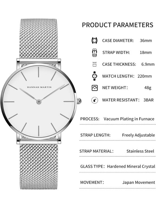 Womens Silver Analog Stainless Steel Mesh Strap Minimalist Slim Dial Round Watch